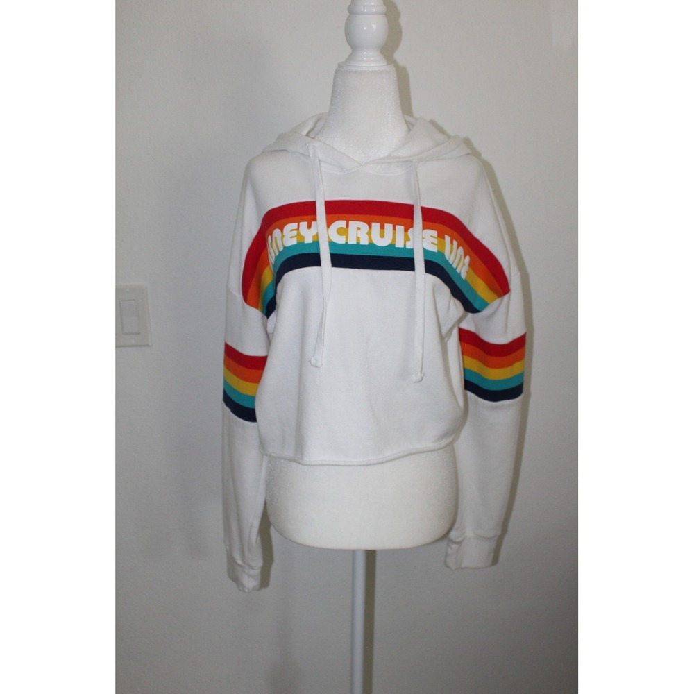 Disney Cruise Line Womens White Rainbow Striped Cropped Hoodie Sweatshirt Size M